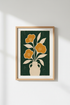 Mid Century Floral Print | Retro Botanical Poster, Deep Green & Ochre Wall Art