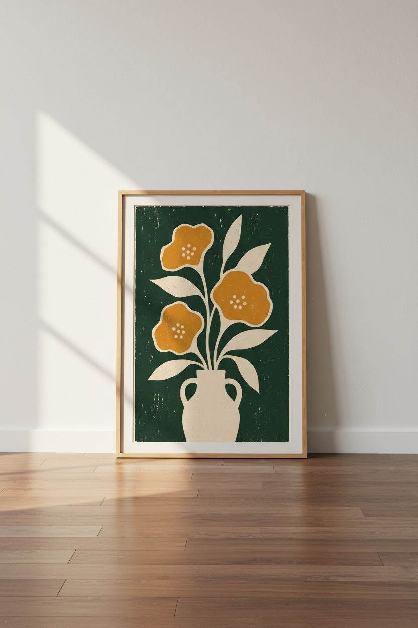 Mid Century Floral Print | Retro Botanical Poster, Deep Green &amp; Ochre Wall Art