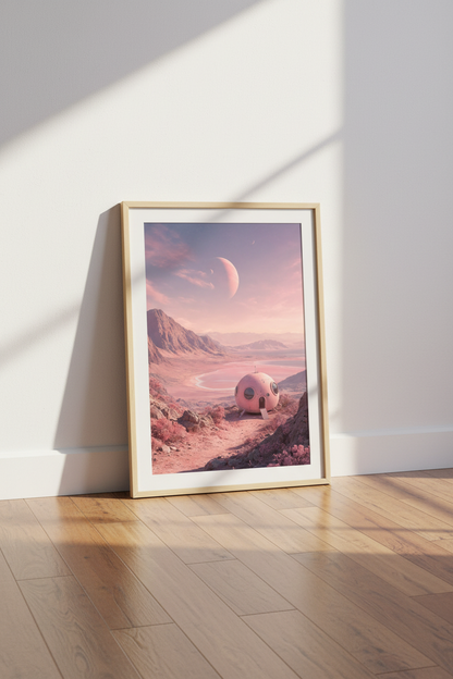 Pastel Sci-Fi Planet Wall Art | Pink Space Landscape, Retro Futurism Decor