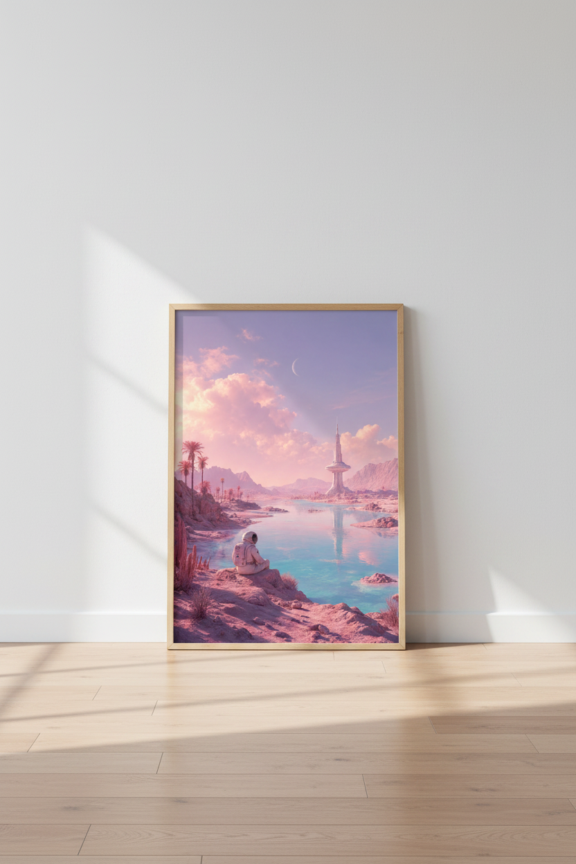 Astronaut on Pink Planet Art | Sci-Fi Pastel Landscape, Bedroom Decor Poster