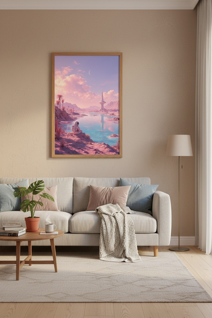 Astronaut on Pink Planet Art | Sci-Fi Pastel Landscape, Bedroom Decor Poster