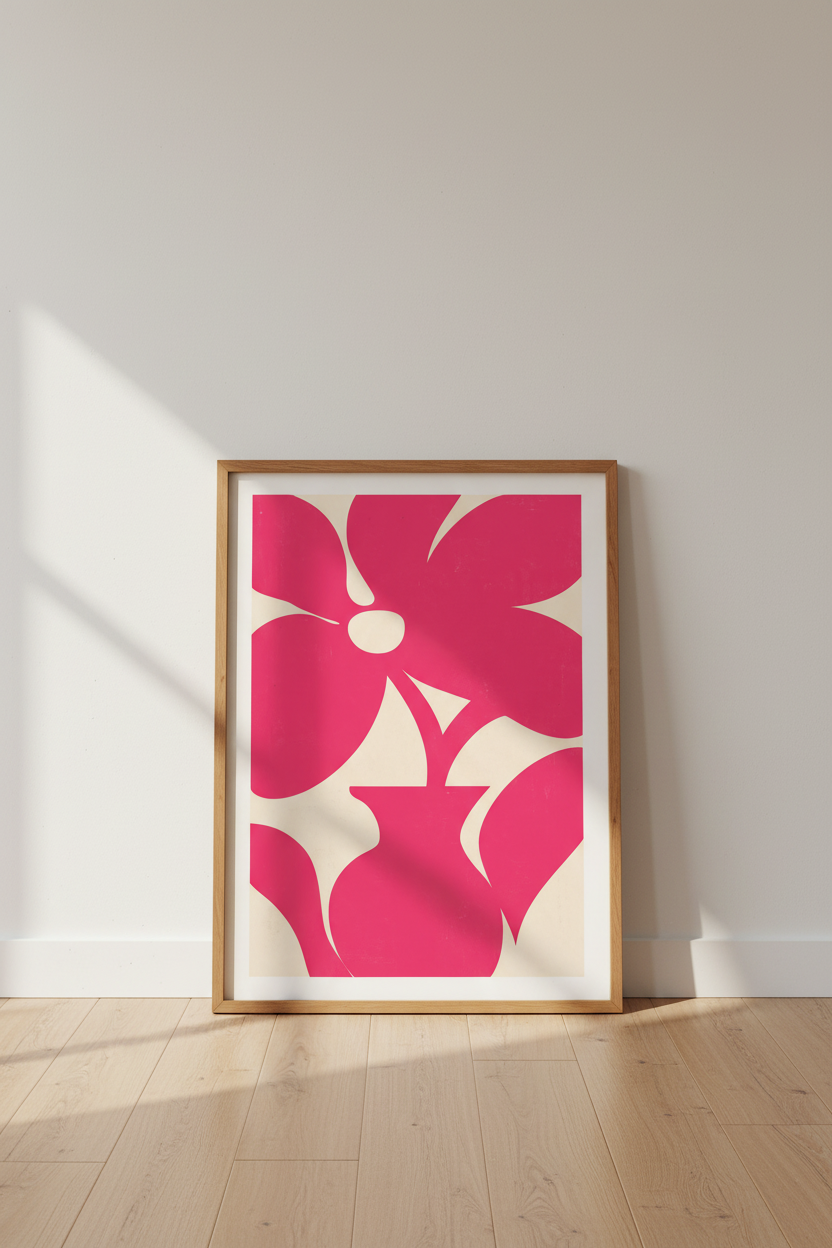 Pink Flower Vase Art | Minimalist Botanical Poster, Modern Bedroom Decor