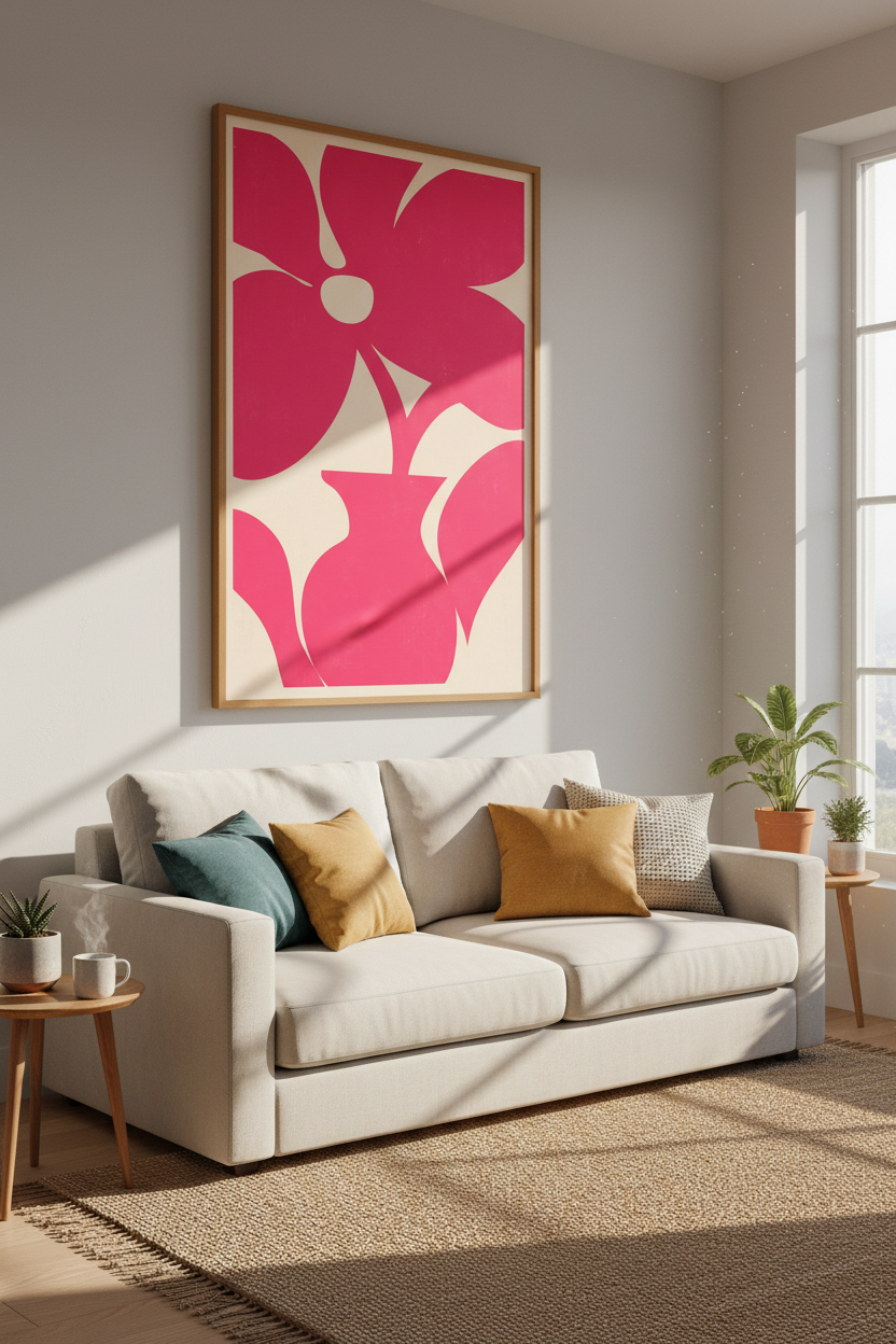 Pink Flower Vase Art | Minimalist Botanical Poster, Modern Bedroom Decor