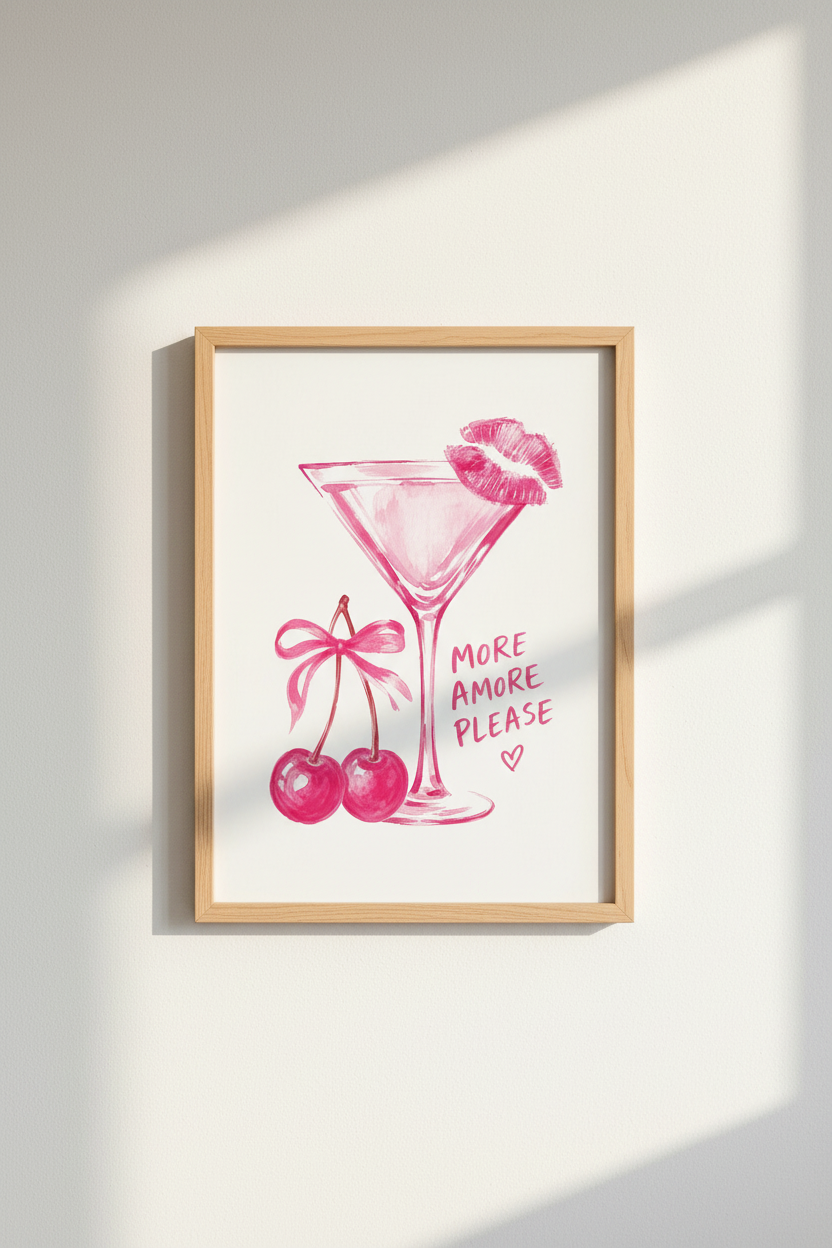 Pink Cocktail Wall Art | Watercolor Martini Poster, Girly Bar Cart Decor