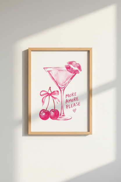 Pink Cocktail Wall Art | Watercolor Martini Poster, Girly Bar Cart Decor