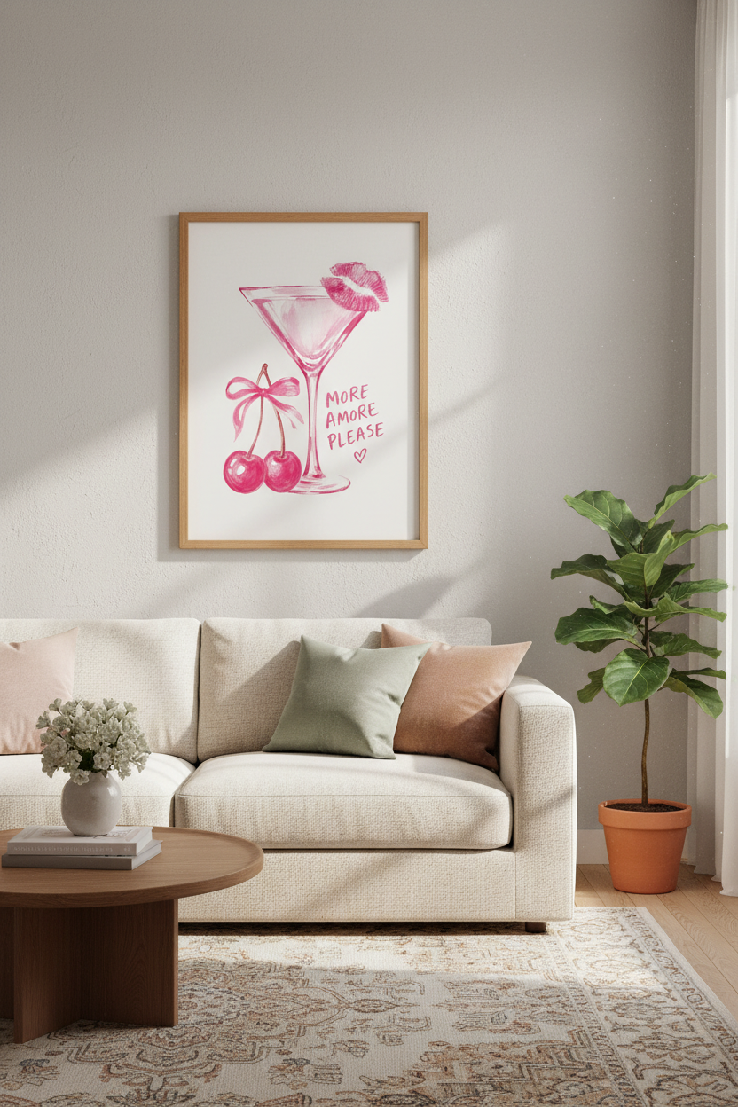 Pink Cocktail Wall Art | Watercolor Martini Poster, Girly Bar Cart Decor