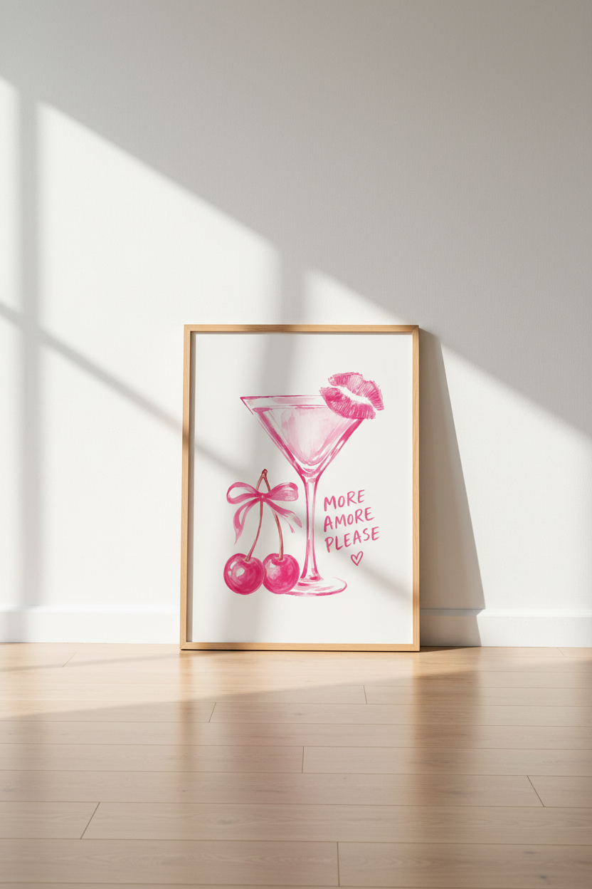 Pink Cocktail Wall Art | Watercolor Martini Poster, Girly Bar Cart Decor