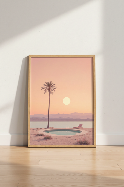 Surreal Palm Tree &amp; Pool Wall Art | Pastel Sunset Desert Print, Modern Decor