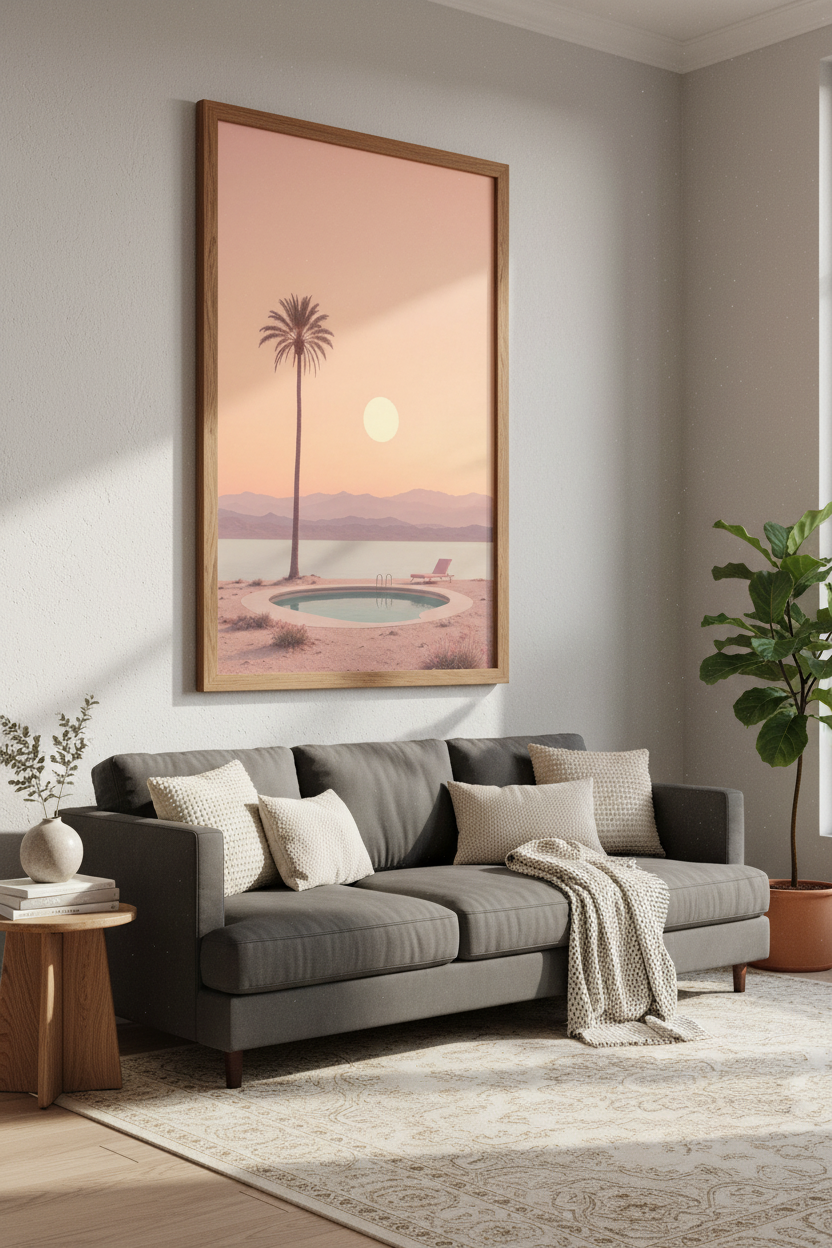 Surreal Palm Tree &amp; Pool Wall Art | Pastel Sunset Desert Print, Modern Decor