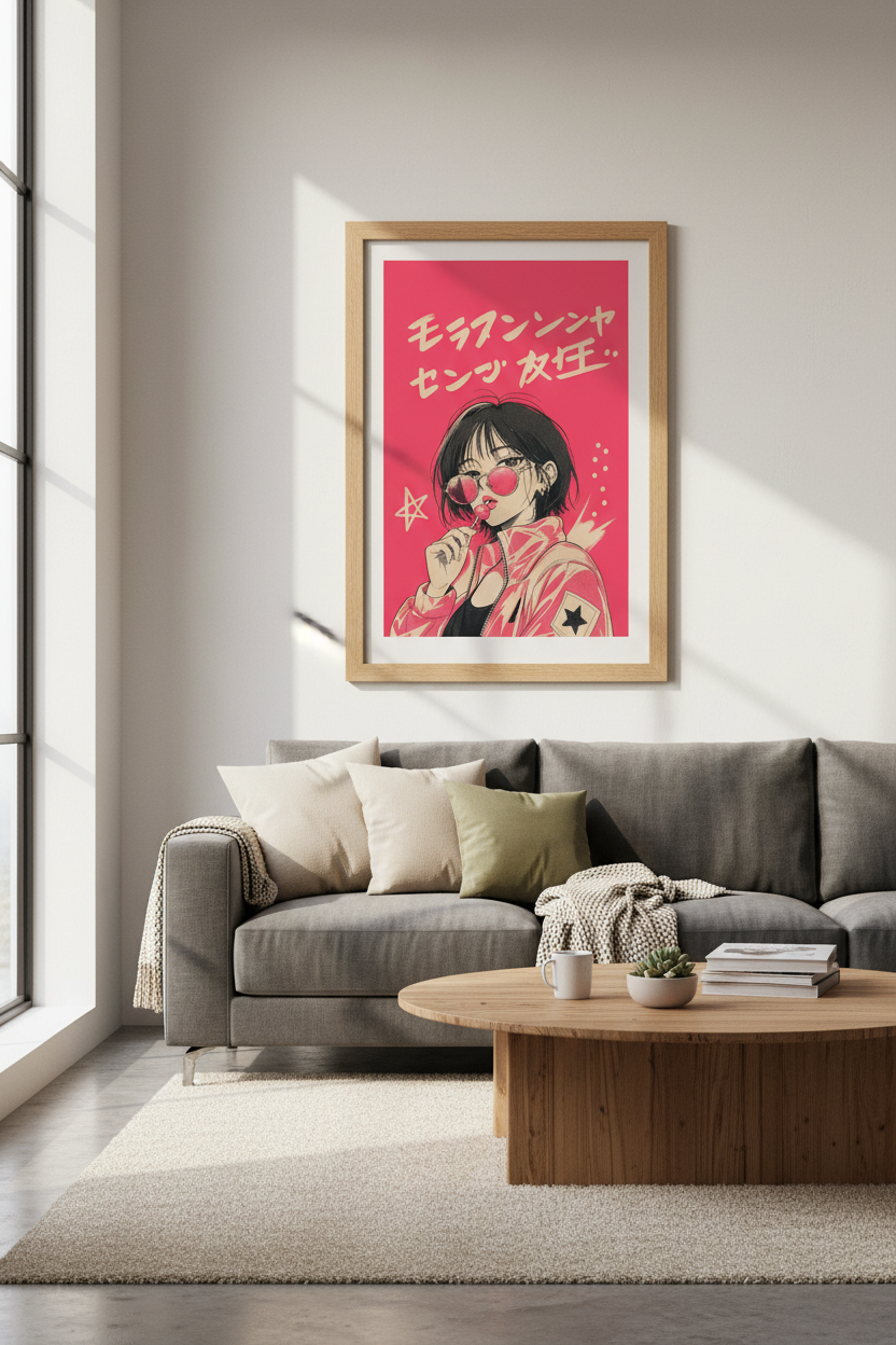 Retro Anime Girl Wall Art | Pink Japanese Manga Print | Y2K Aesthetic Poster