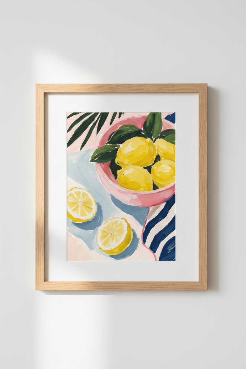 Mediterranean Lemon Wall Art Print | Pink &amp; Blue Kitchen Decor | Citrus Poster