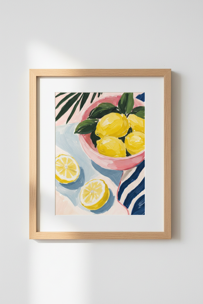 Mediterranean Lemon Wall Art Print | Pink &amp; Blue Kitchen Decor | Citrus Poster