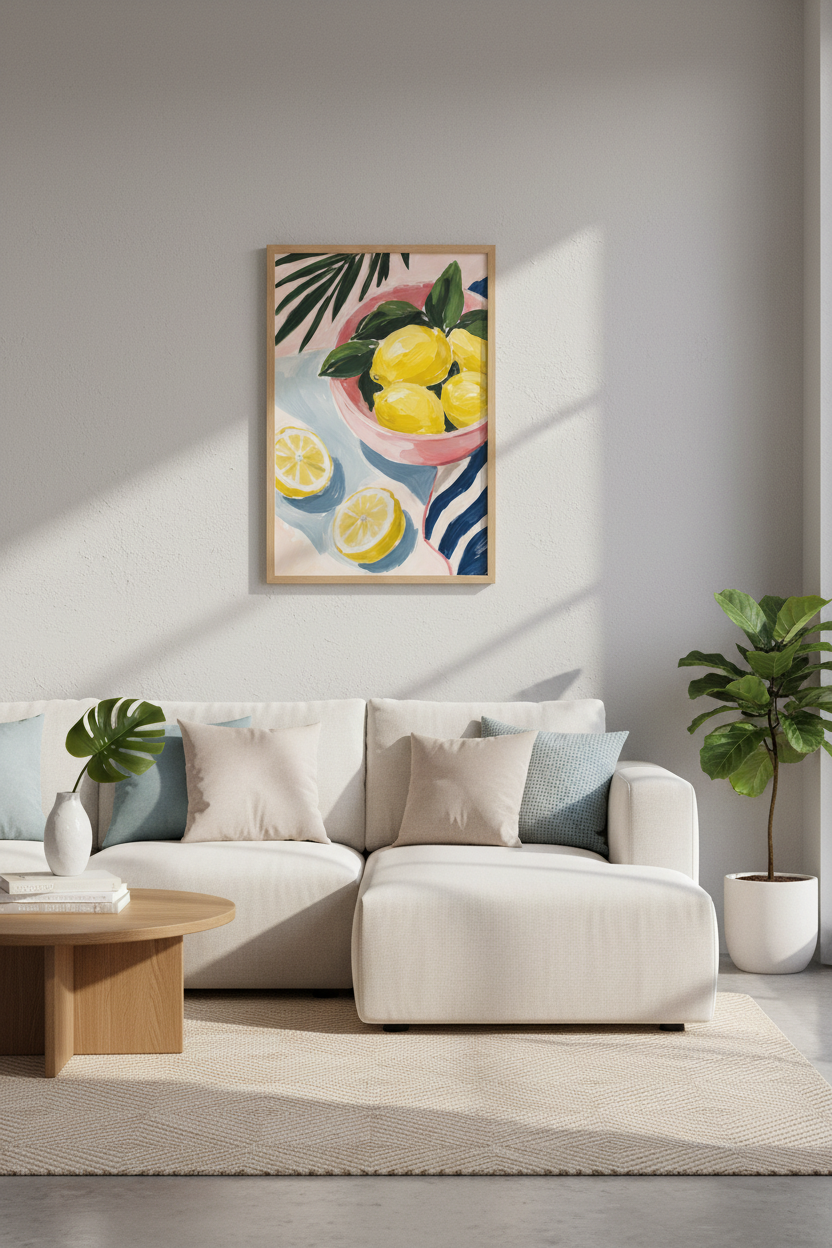 Mediterranean Lemon Wall Art Print | Pink &amp; Blue Kitchen Decor | Citrus Poster
