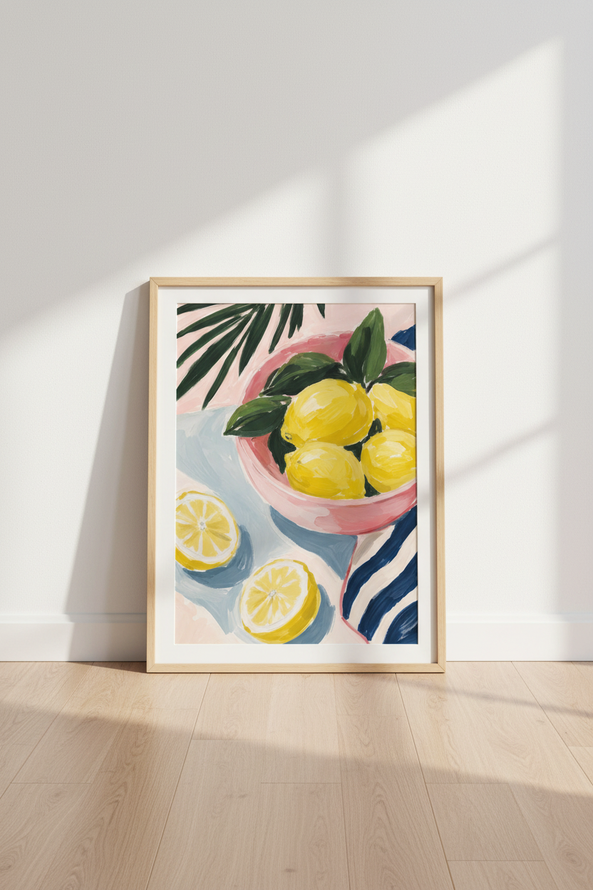 Mediterranean Lemon Wall Art Print | Pink &amp; Blue Kitchen Decor | Citrus Poster