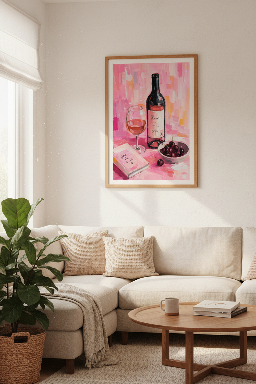 Rose Wine Oil Painting Print | Pink Kitchen Wall Art | Chablis French Poster