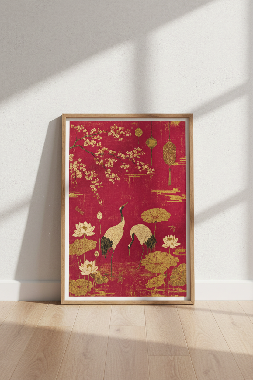 Japanese Crane &amp; Lotus Wall Art | Red Gold Chinoiserie Poster, Bedroom Decor