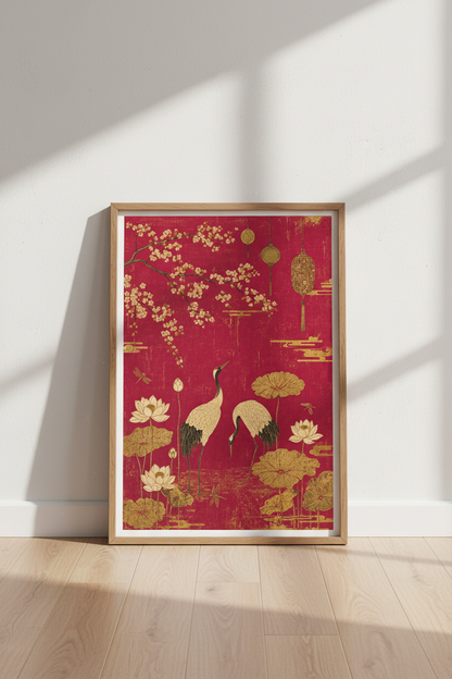 Japanese Crane &amp; Lotus Wall Art | Red Gold Chinoiserie Poster, Bedroom Decor