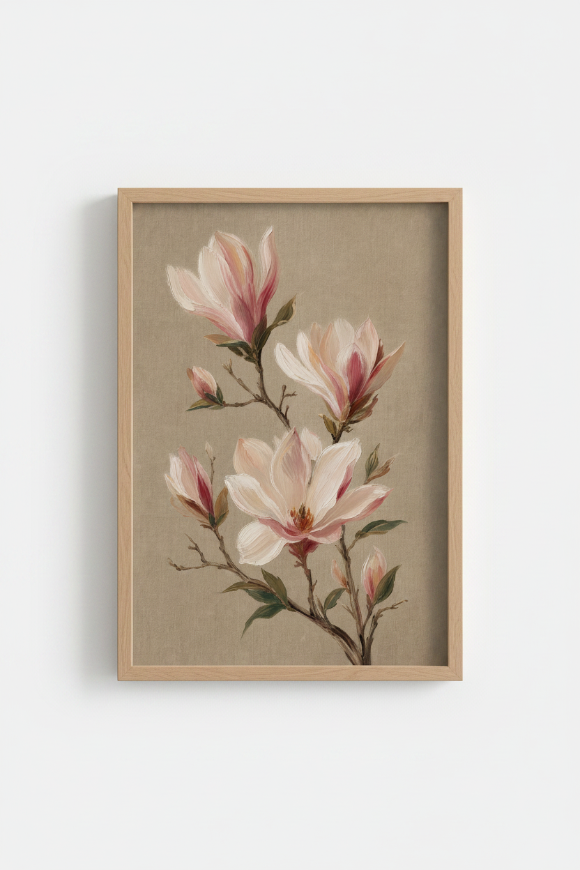 Magnolia Floral Art Print | Vintage Botanical Poster, Neutral Beige Wall Decor