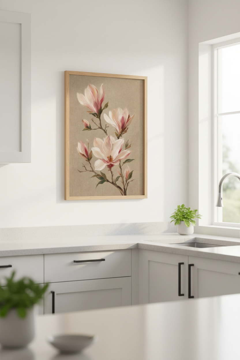 Magnolia Floral Art Print | Vintage Botanical Poster, Neutral Beige Wall Decor