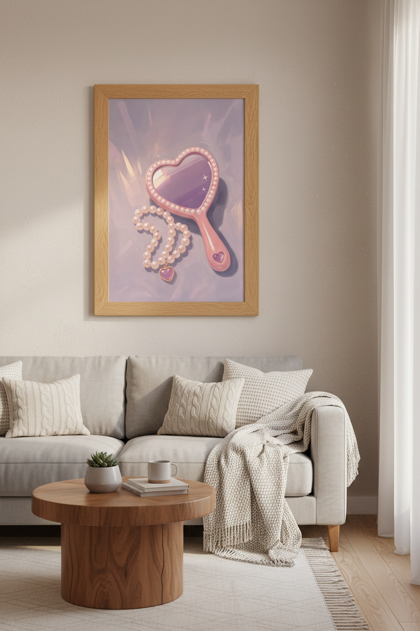 Coquette Pink Wall Art Print | Heart Mirror Aesthetic Poster | Soft Girl Room Decor