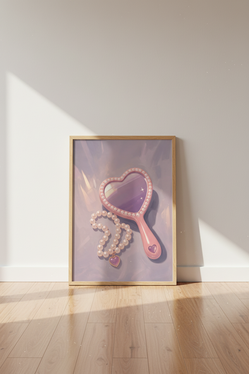 Coquette Pink Wall Art Print | Heart Mirror Aesthetic Poster | Soft Girl Room Decor