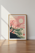 Japanese Cherry Blossom Wall Art | Pink Ukiyo-e Landscape, Minimalist Zen Decor