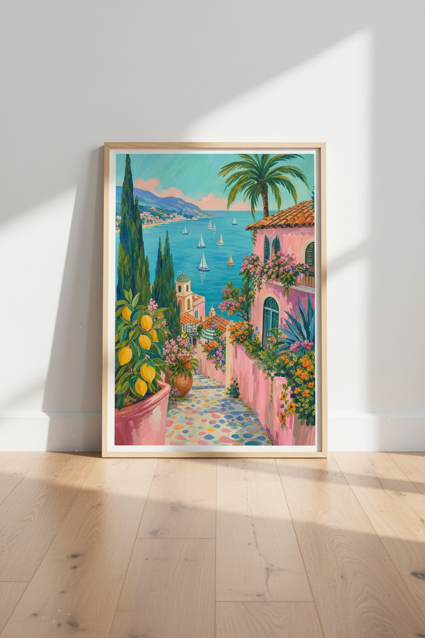 Amalfi Coast Art Print | Italian Summer Seaside Decor, Mediterranean Pink Villa Poster