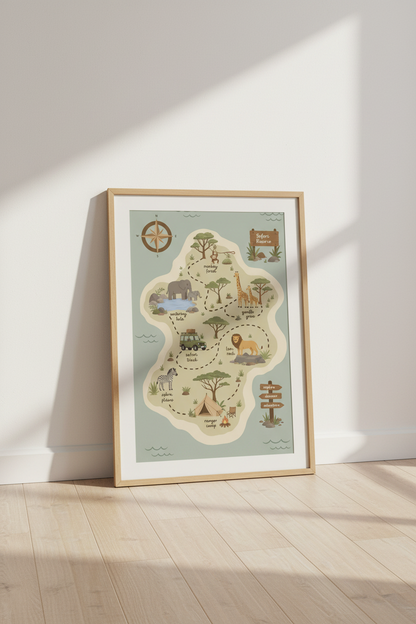 Safari Reserve Map Wall Art | Sage Green Nursery Decor | Jungle Adventure Poster
