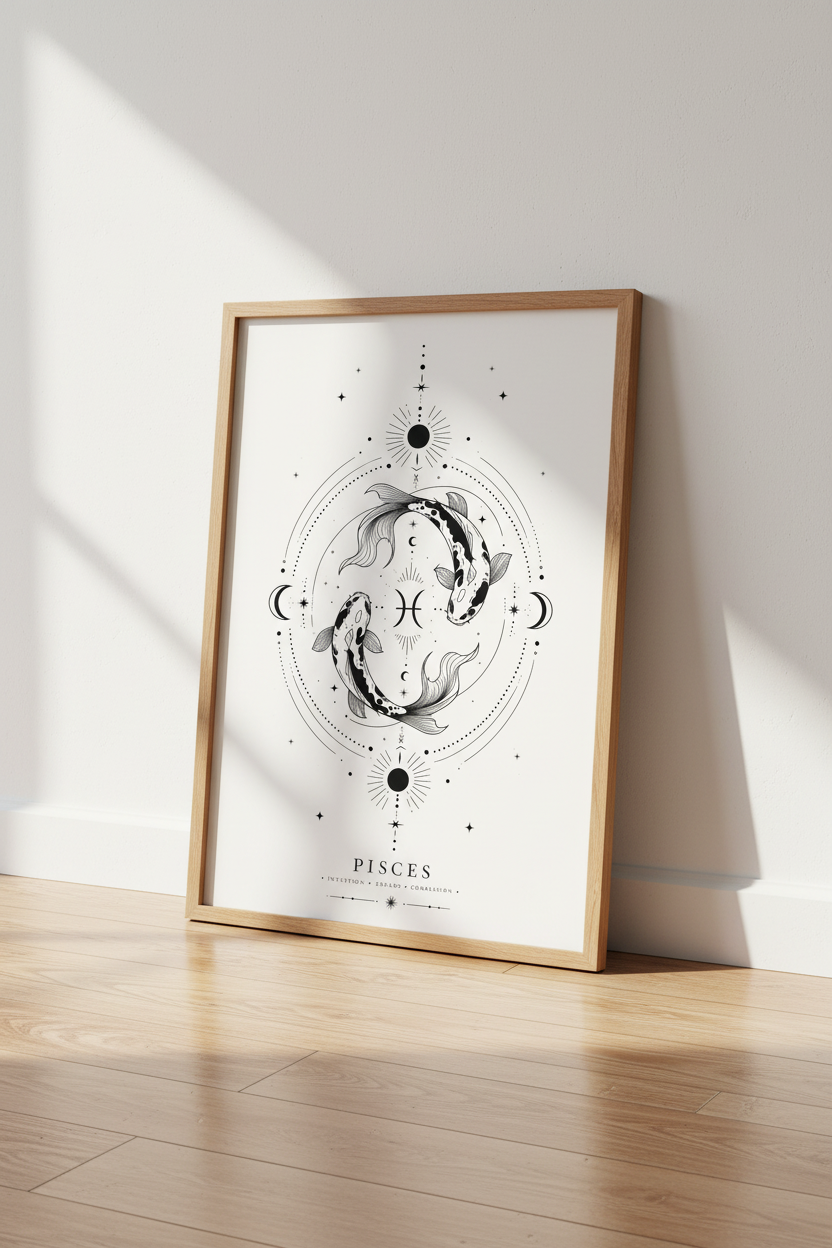 Pisces Zodiac Wall Art | Celestial Astrology Print, Boho Bedroom Decor