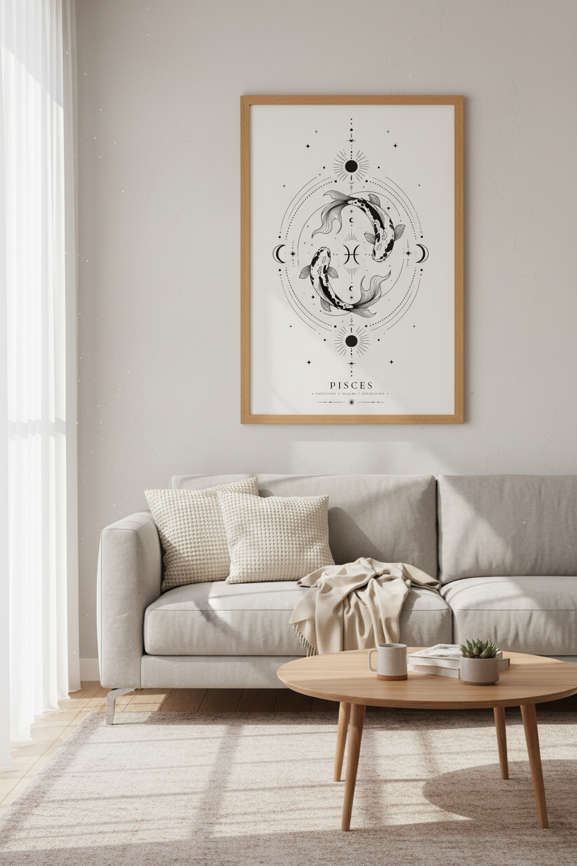 Pisces Zodiac Wall Art | Celestial Astrology Print, Boho Bedroom Decor