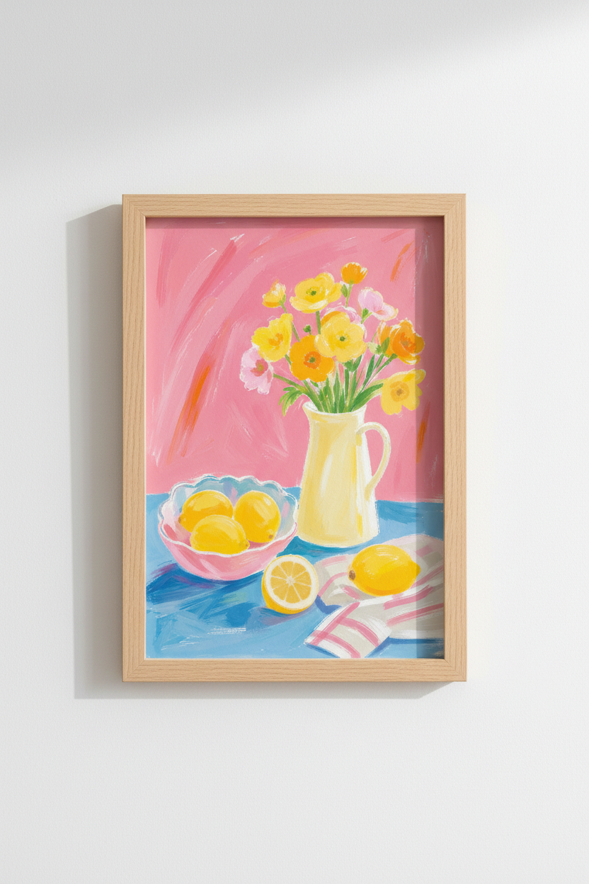 pink floral wall art | Impressionist bouquet in a yellow pitcher decor for living room