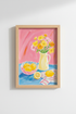 pink floral wall art | Impressionist bouquet in a yellow pitcher decor for living room