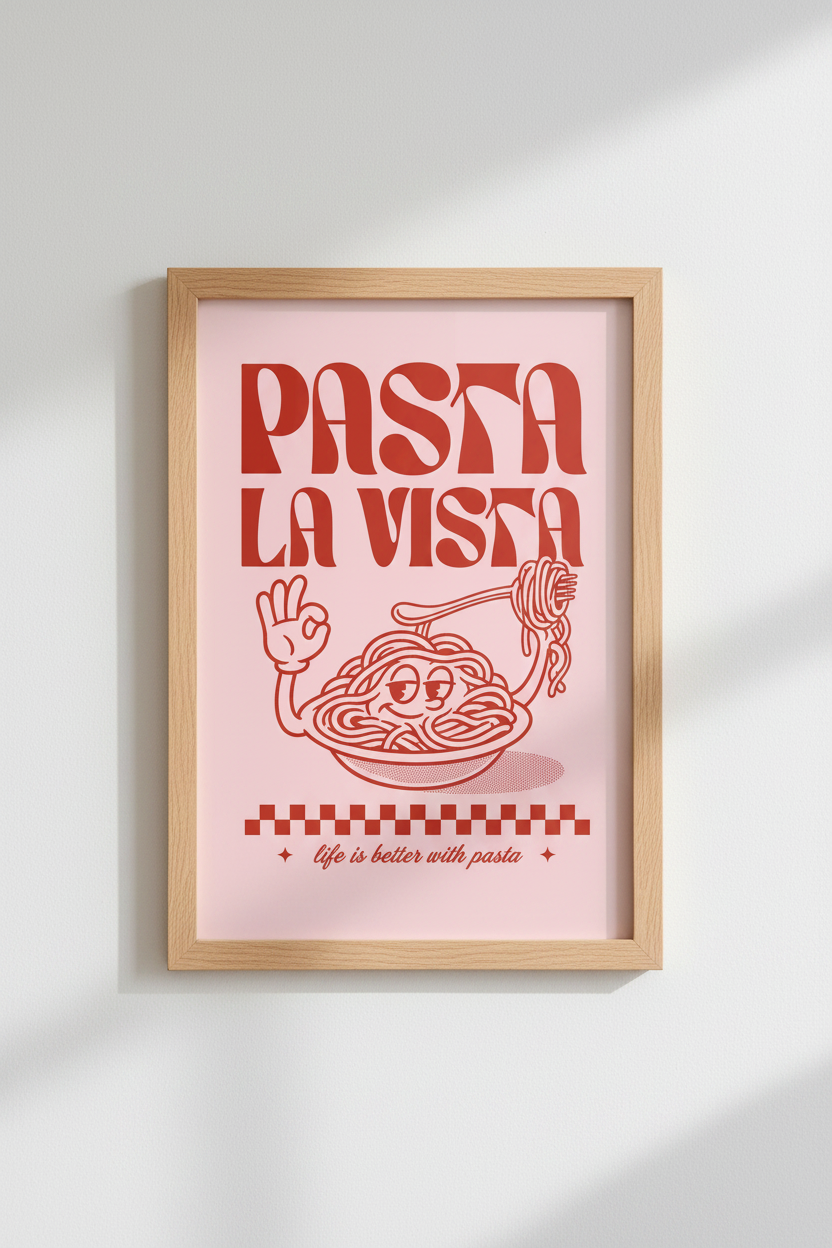 Pasta La Vista Retro Poster | Pink Kitchen Wall Art | Foodie Gift Print
