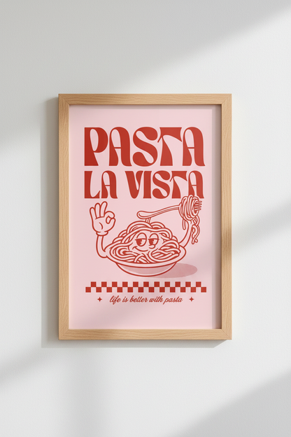 Pasta La Vista Retro Poster | Pink Kitchen Wall Art | Foodie Gift Print