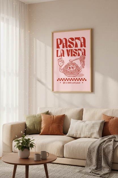 Pasta La Vista Retro Poster | Pink Kitchen Wall Art | Foodie Gift Print