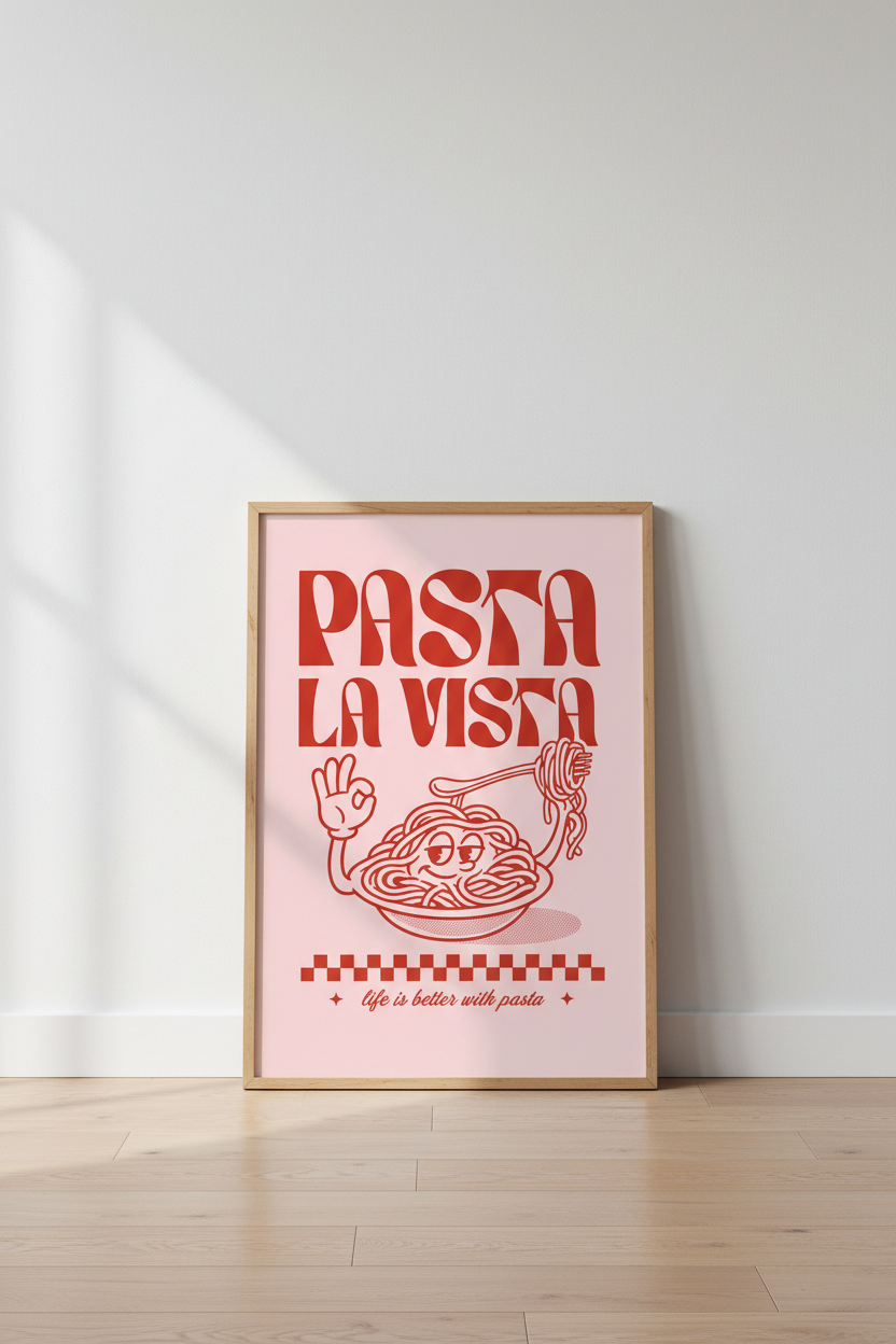 Pasta La Vista Retro Poster | Pink Kitchen Wall Art | Foodie Gift Print