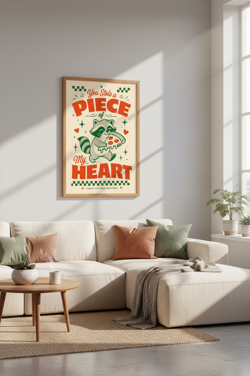Raccoon Pizza Wall Art | Retro Trash Panda Love Poster, Fun Kitchen Decor
