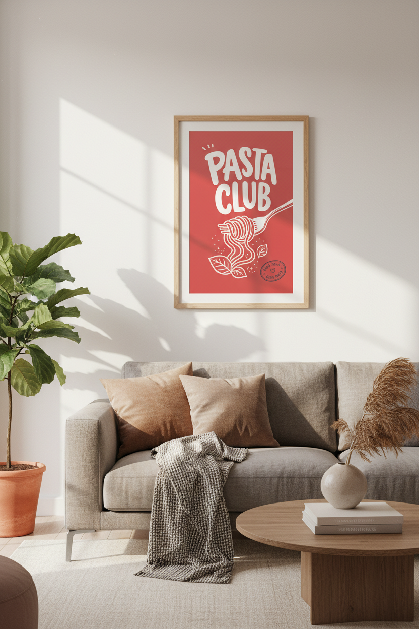 Pasta Poster | Bold Red, Minimal Line Print | Kitchen Decor