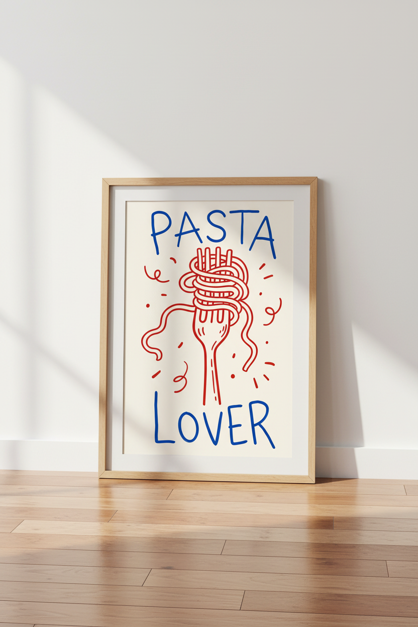Pasta Lover Wall Art | Red &amp; Blue Spaghetti Poster | Kitchen &amp; Dining Decor