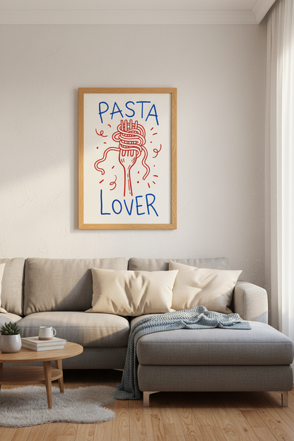 Pasta Lover Wall Art | Red &amp; Blue Spaghetti Poster | Kitchen &amp; Dining Decor