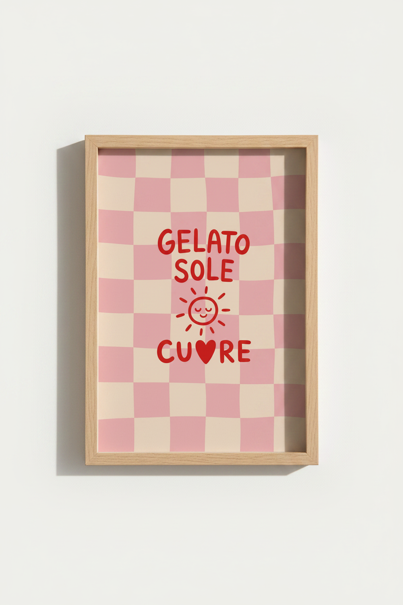 Retro Wall Art Print | Pastel Pink Checkerboard Italian Summer Poster, Kitchen Decor