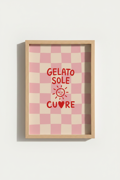 Retro Wall Art Print | Pastel Pink Checkerboard Italian Summer Poster, Kitchen Decor