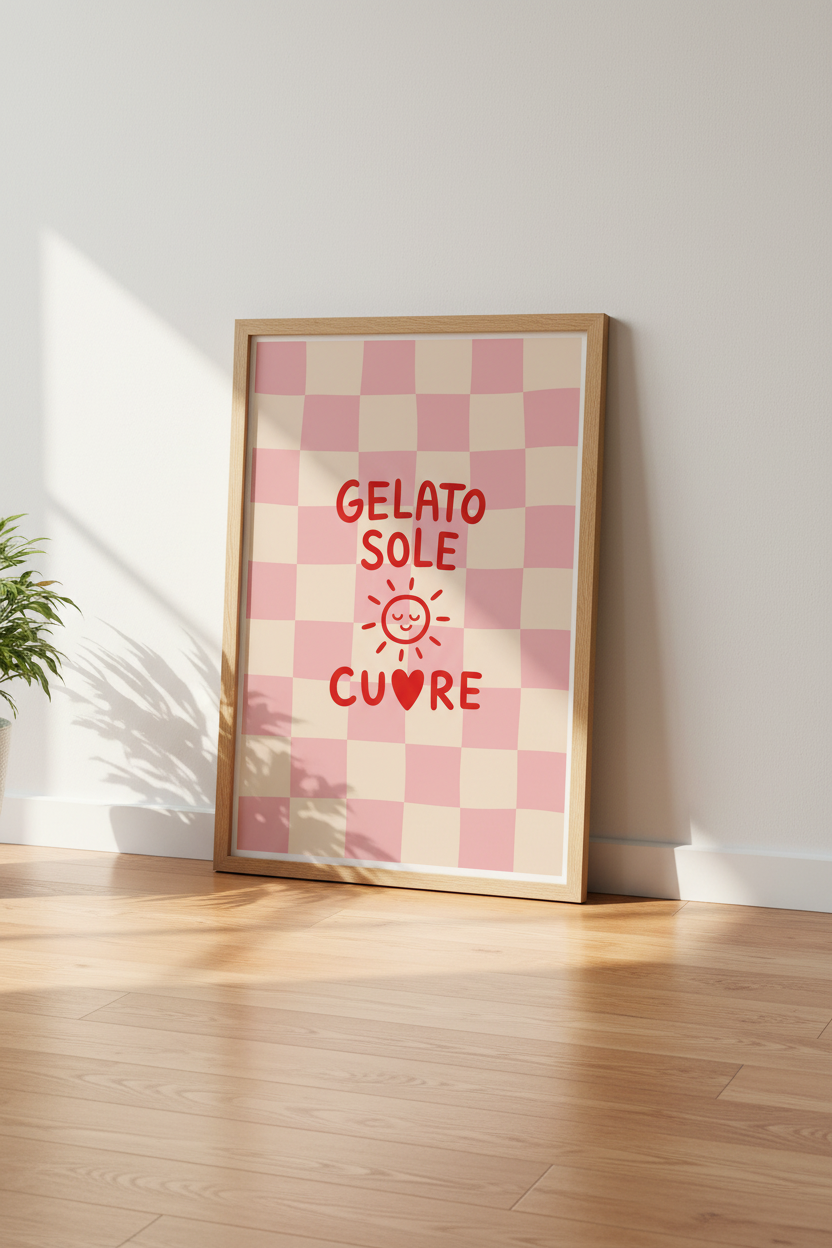 Retro Wall Art Print | Pastel Pink Checkerboard Italian Summer Poster, Kitchen Decor