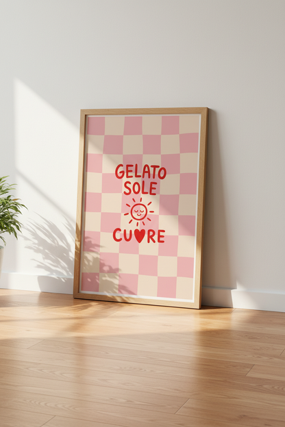 Retro Wall Art Print | Pastel Pink Checkerboard Italian Summer Poster, Kitchen Decor
