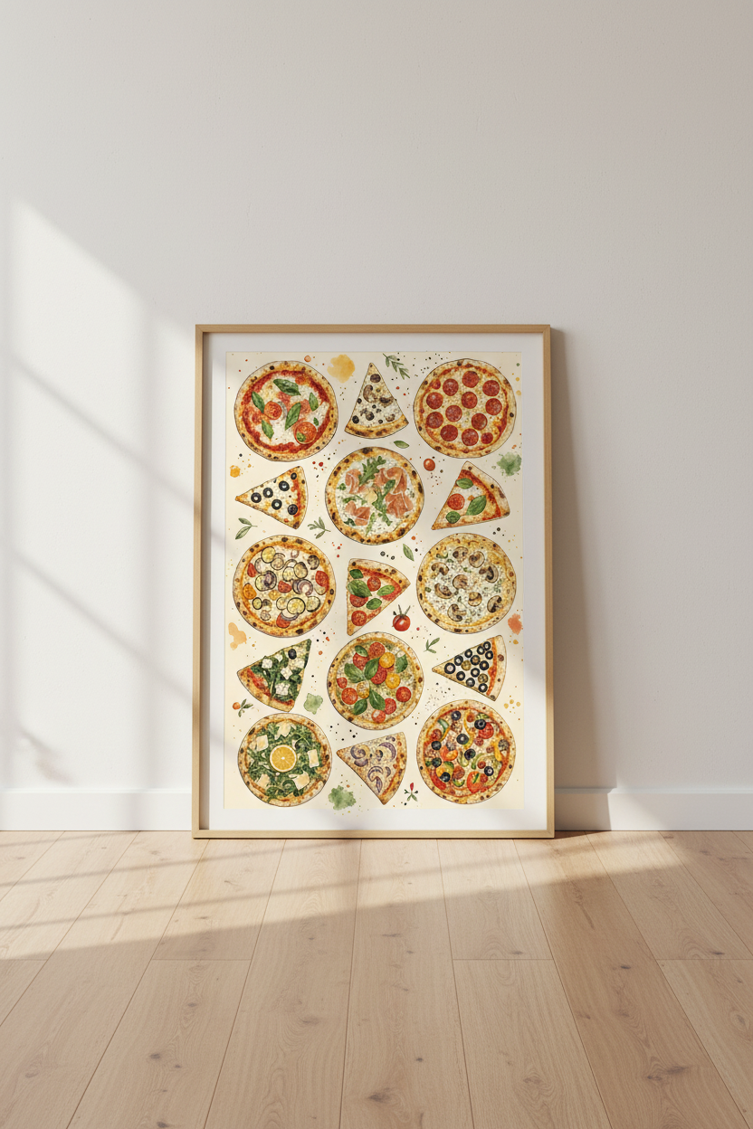 Pizza Watercolor Wall Art Print | Kitchen Gallery Decor | Foodie Aesthetic Poster