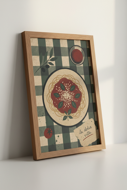 Italian Pasta Wall Art | La Dolce Vita Green Checkered Poster, Kitchen Decor
