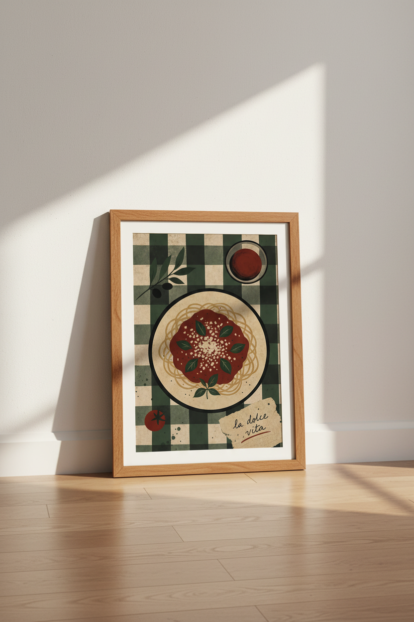 Italian Pasta Wall Art | La Dolce Vita Green Checkered Poster, Kitchen Decor
