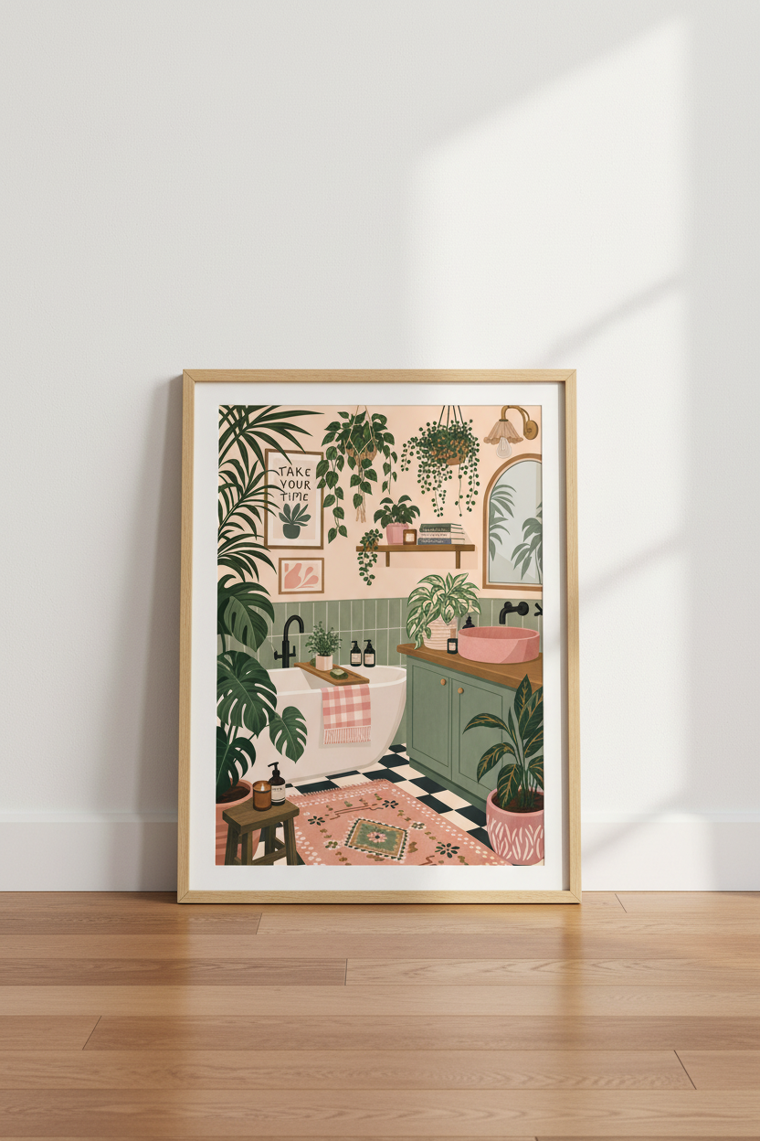 Botanical Bathroom Wall Art | Sage Green &amp; Pink Plant Poster, Spa Decor