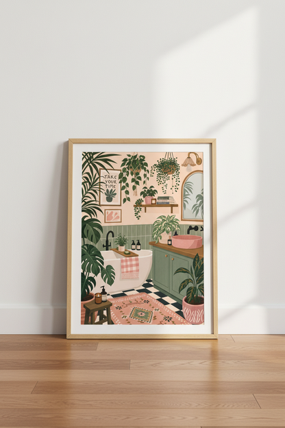Botanical Bathroom Wall Art | Sage Green &amp; Pink Plant Poster, Spa Decor