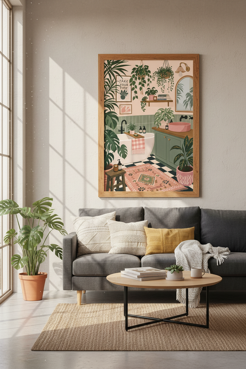 Botanical Bathroom Wall Art | Sage Green &amp; Pink Plant Poster, Spa Decor
